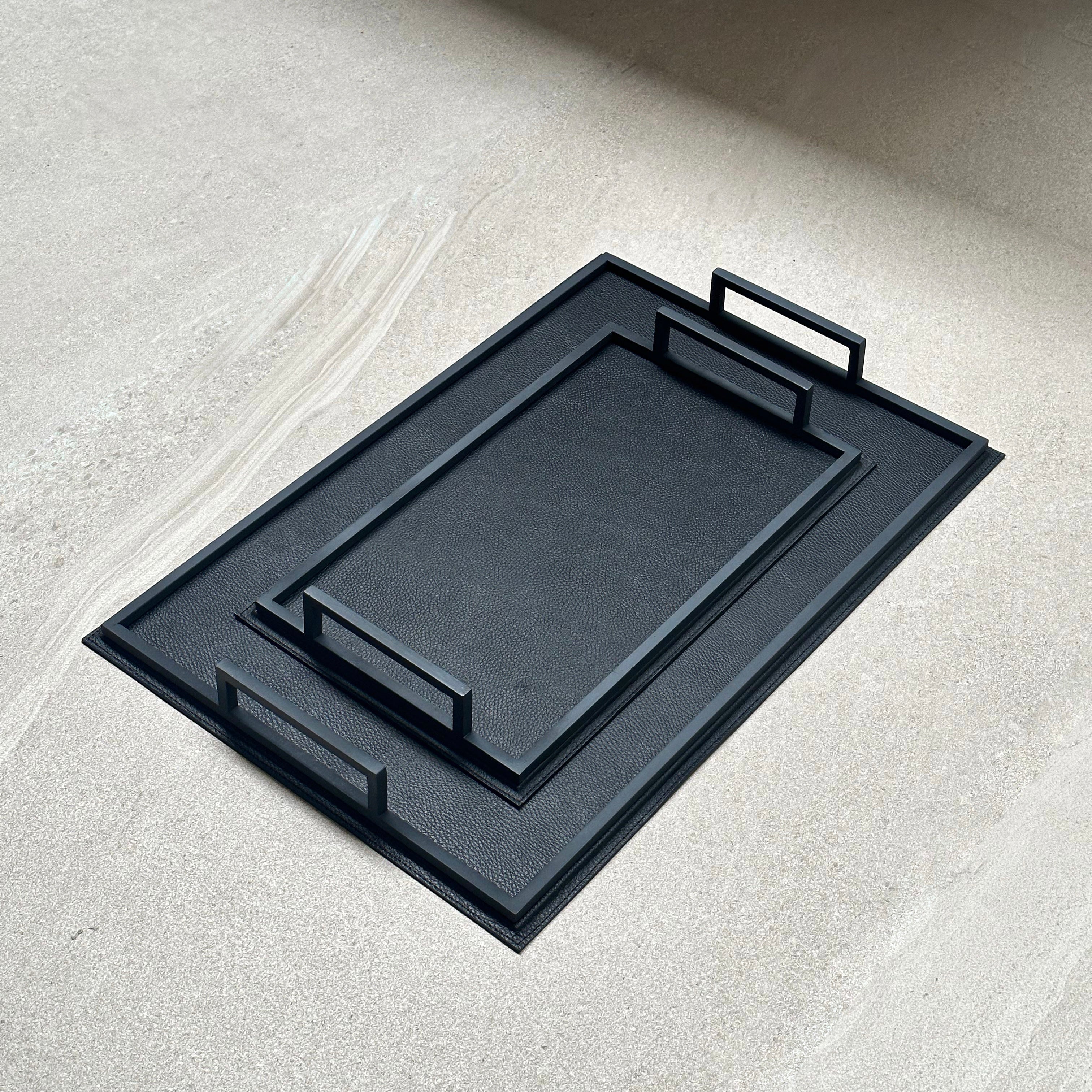 Charola rectangular chica de piel - Negra