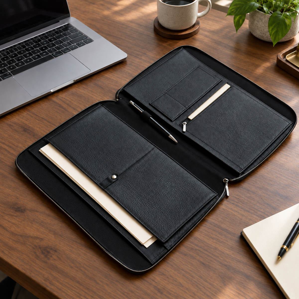 Portafolio para laptop de piel negro – fotografía lifestyle