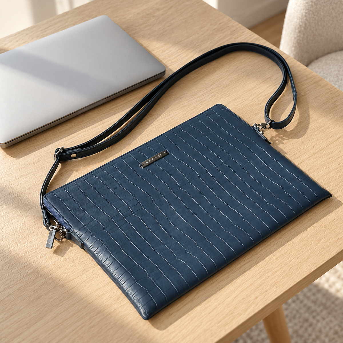 Bolsa para laptop de piel grabada azul – fotografía lifestyle