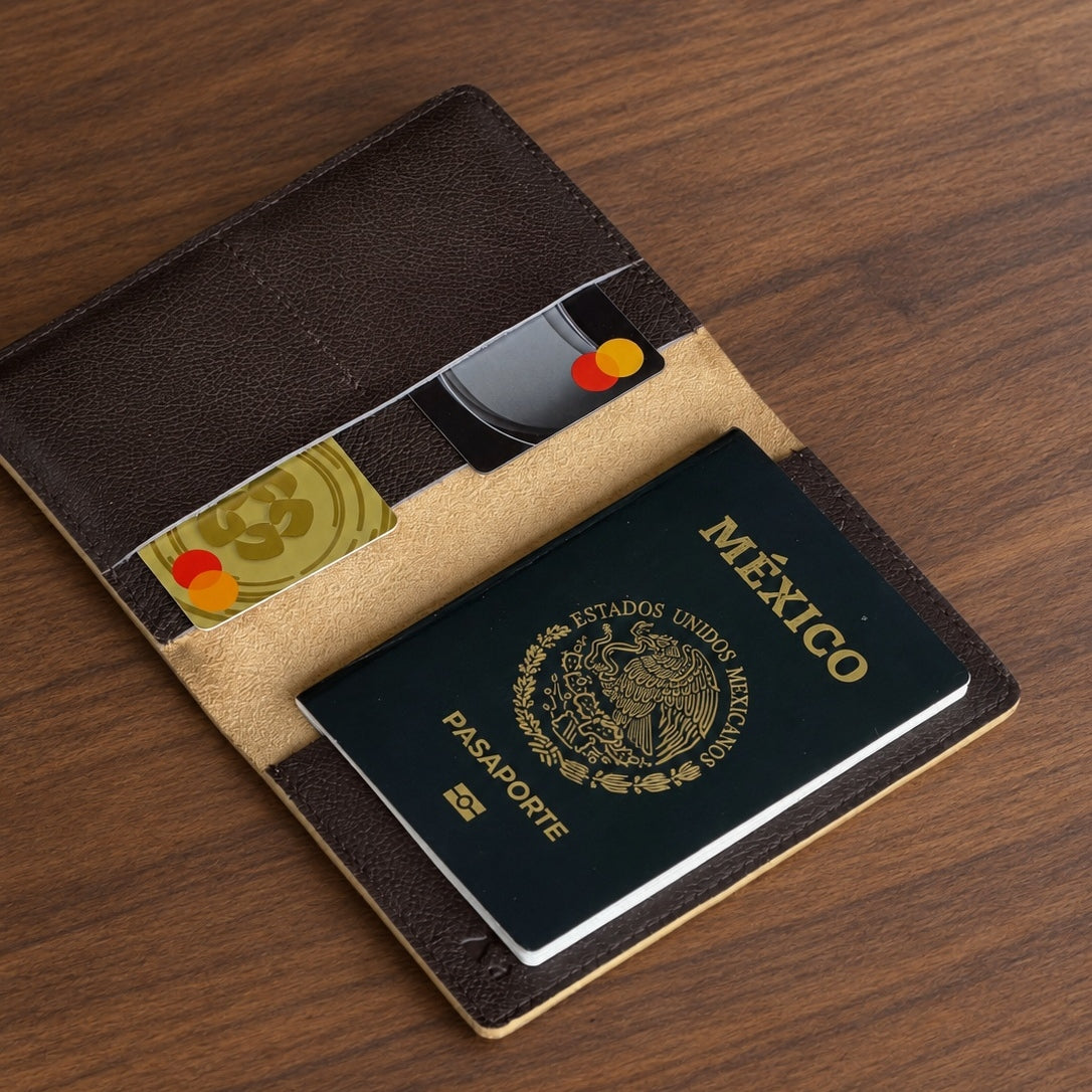 Portapasaporte individual - Amarillo con café – portada lifestyle